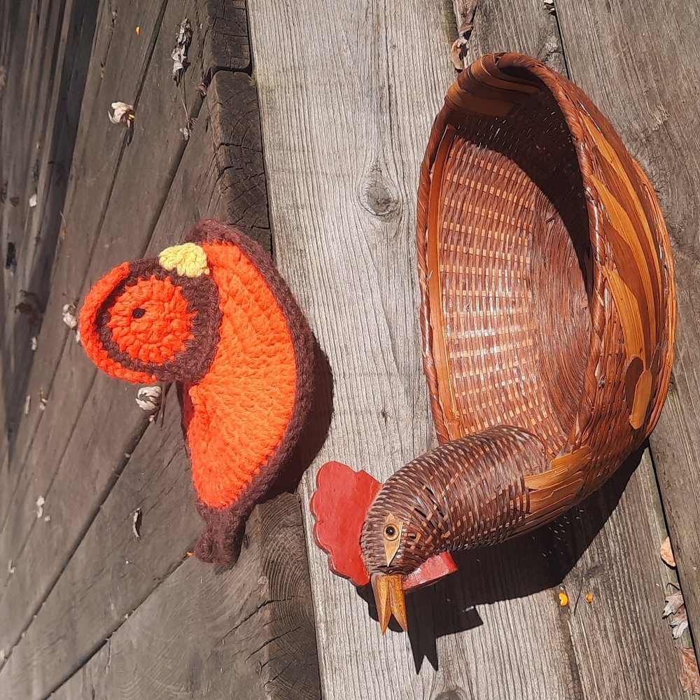 Vintage Rooster Basket and Handmade Crocheted Bird Potholder